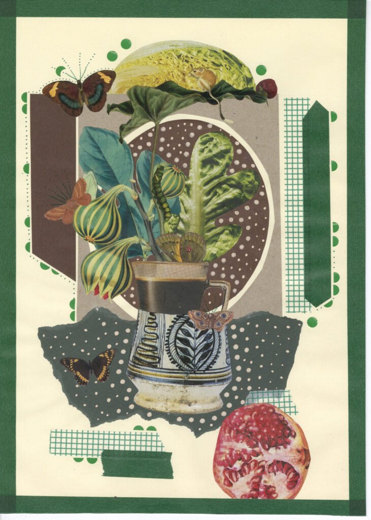 "Coffee Salad, 2025" A4 giclée print by Marti Collages — collage print on archival paper featuring botanical elements and vintage ephemera