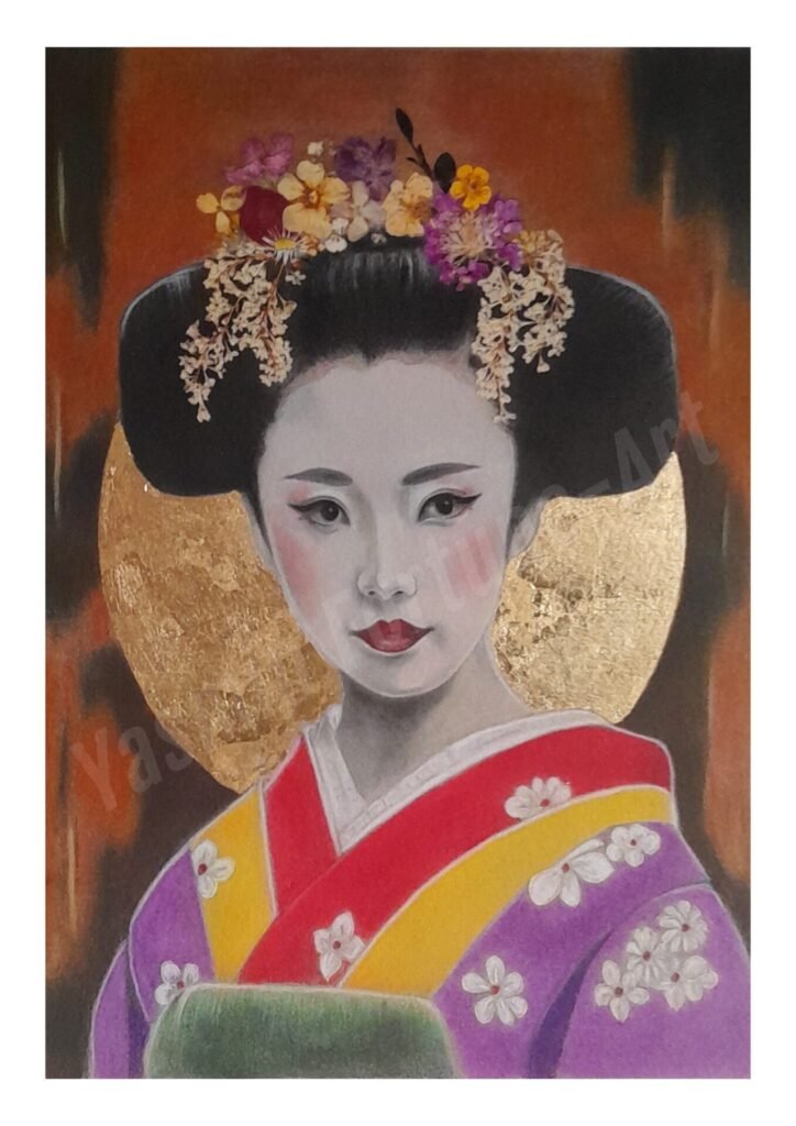 "Geisha Sunset" giclée print by Yasmin Fortune Art — A4 giclée on 280gsm watercolour paper, portrait of a geisha with gold-leaf halo